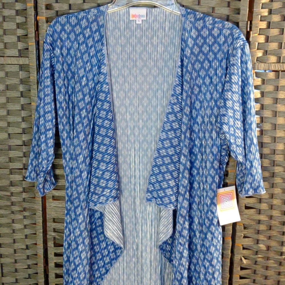 NWT LuLaRoe Graphic Printed Shirley Kimono Duster Blue and White Size Small